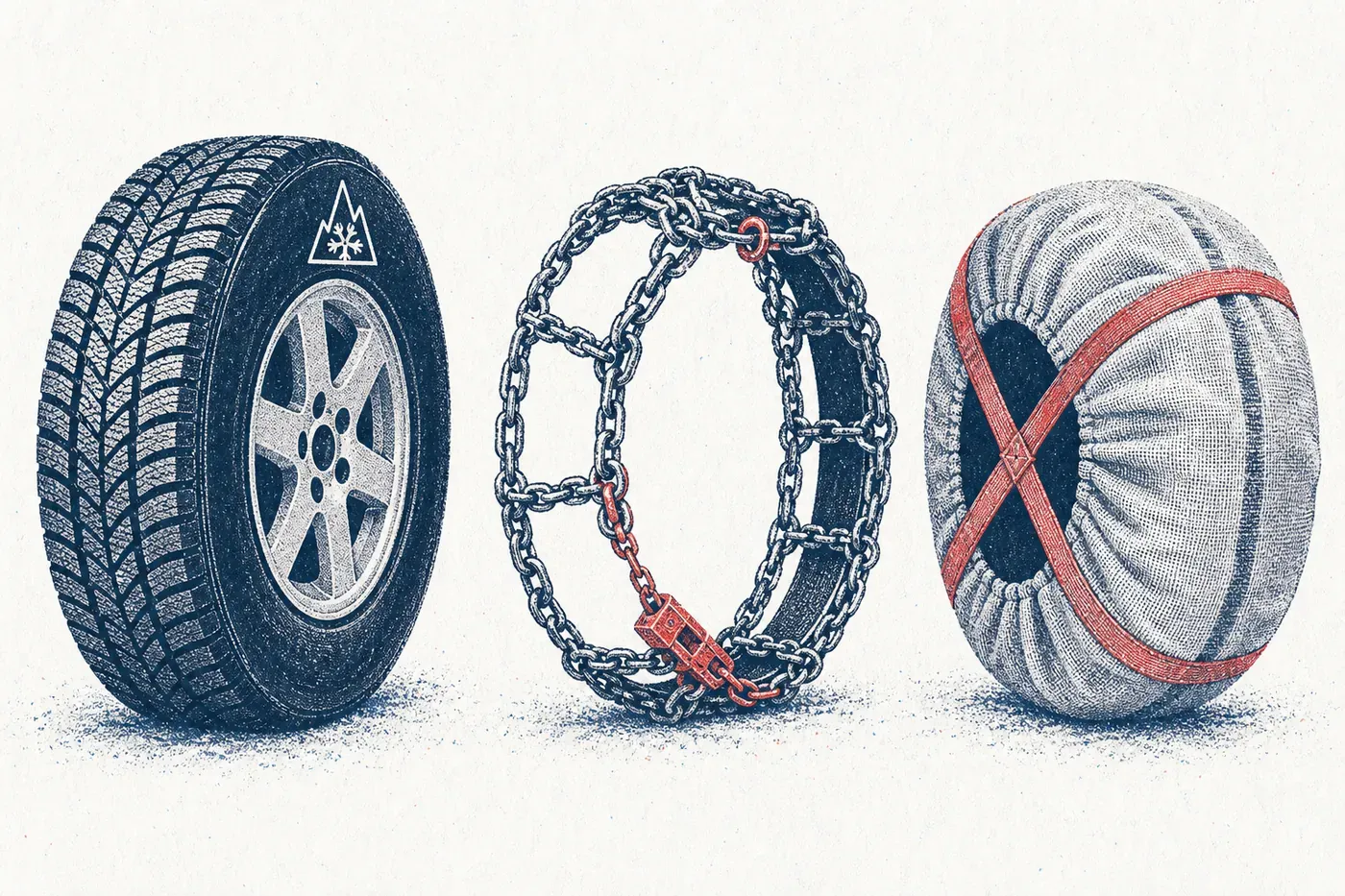 Un pneu marqué du symbole alpin, une chaîne métallique et une chaussette à neige textile, dessinés côte à côte.
